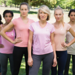 Portrait of confident women supporting breast cancer awareness at park